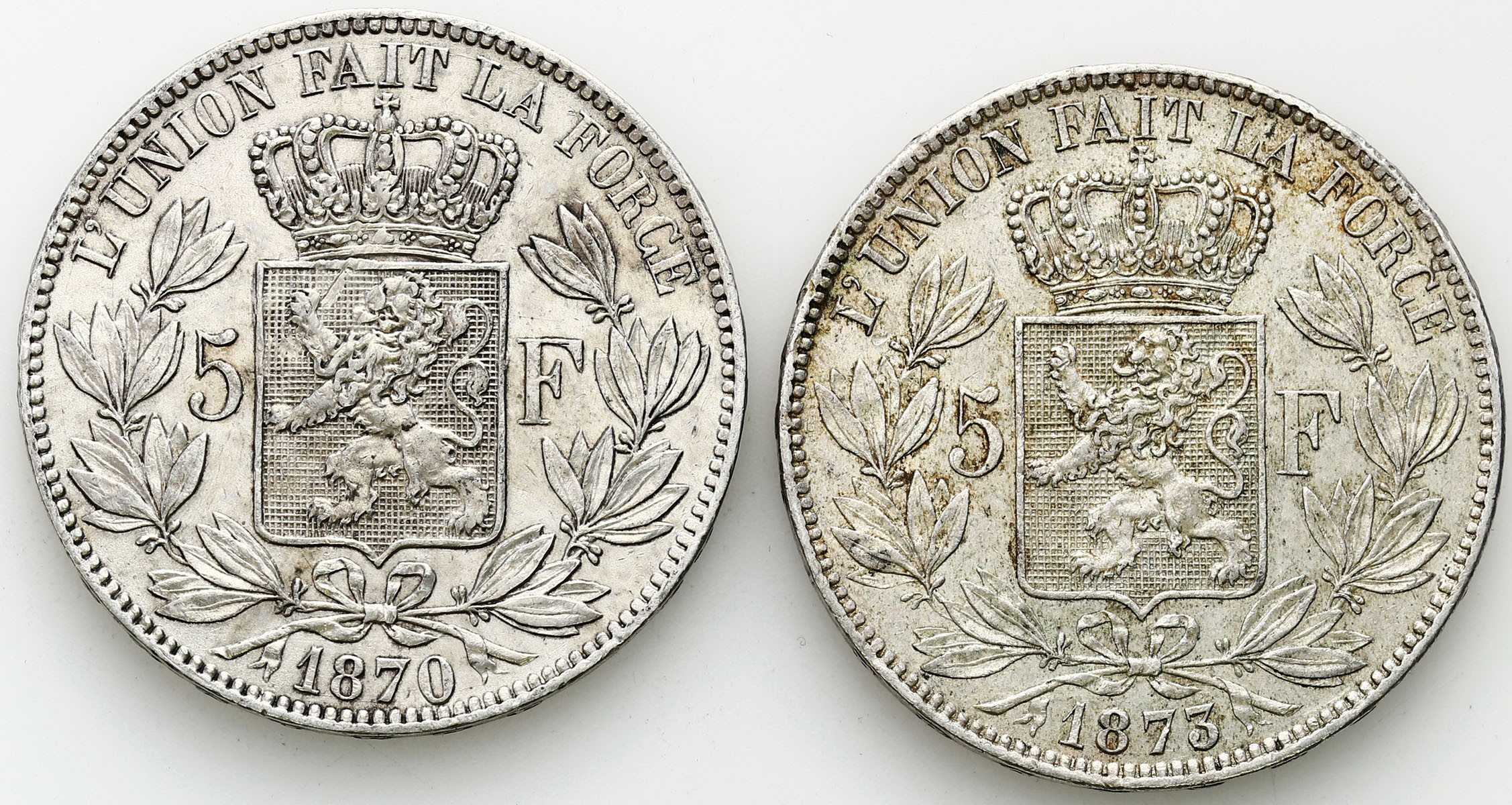 Belgia 5 franków 1870 i 1873 Leopold II – zestaw 2 sztuk